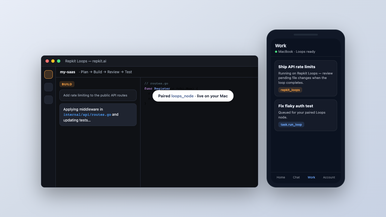 Repkit Loops on a Mac next to Repkit Manager on a phone, connected as a paired loops_node