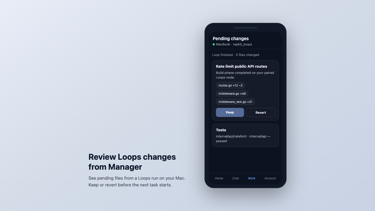 Repkit Manager on a phone showing pending Loops file changes with keep or revert actions